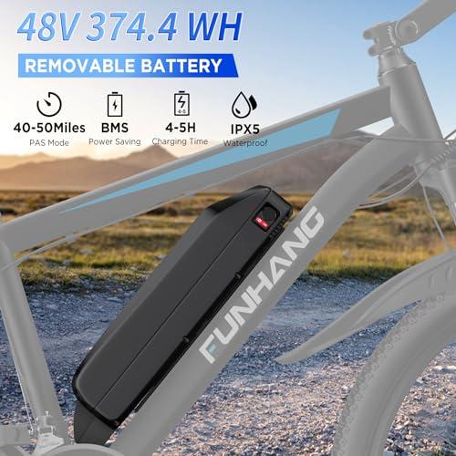 Funhang Electric Bike for Adults, 26'' 750W Peak Ebike, Up to 50 Miles 21.7MPH Electric Mountain Bike with 48V 374.4WH Removable Battery, Adjustable Stem, Fenders, Lockable Suspension Fork, 21-Speed