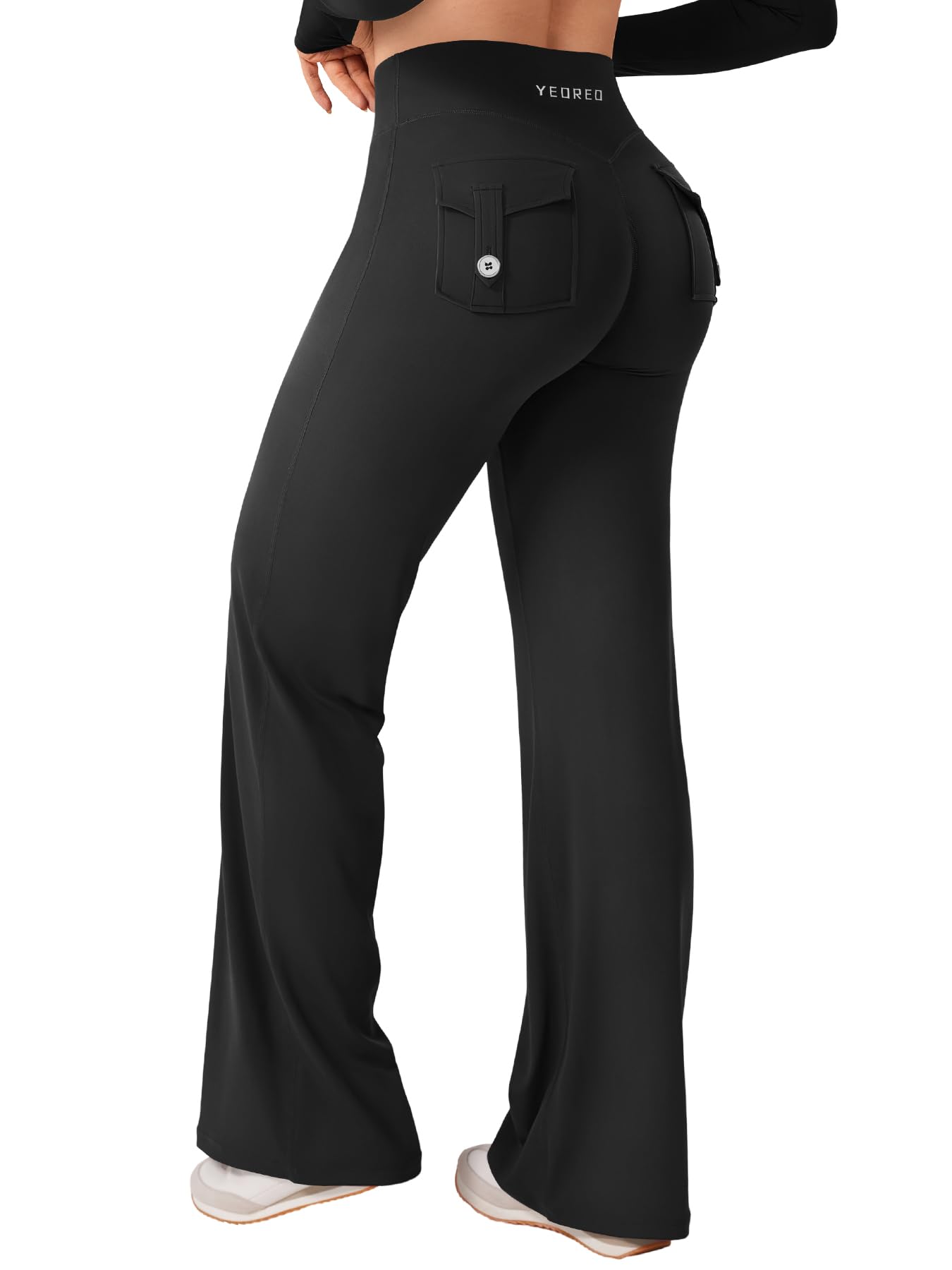 YEOREO CoreFlex Straight Leg Leggings Pockets Cargo Workout Leggings for Women No Front Seam Hidden Scrunch High Yoga Pants Black-M