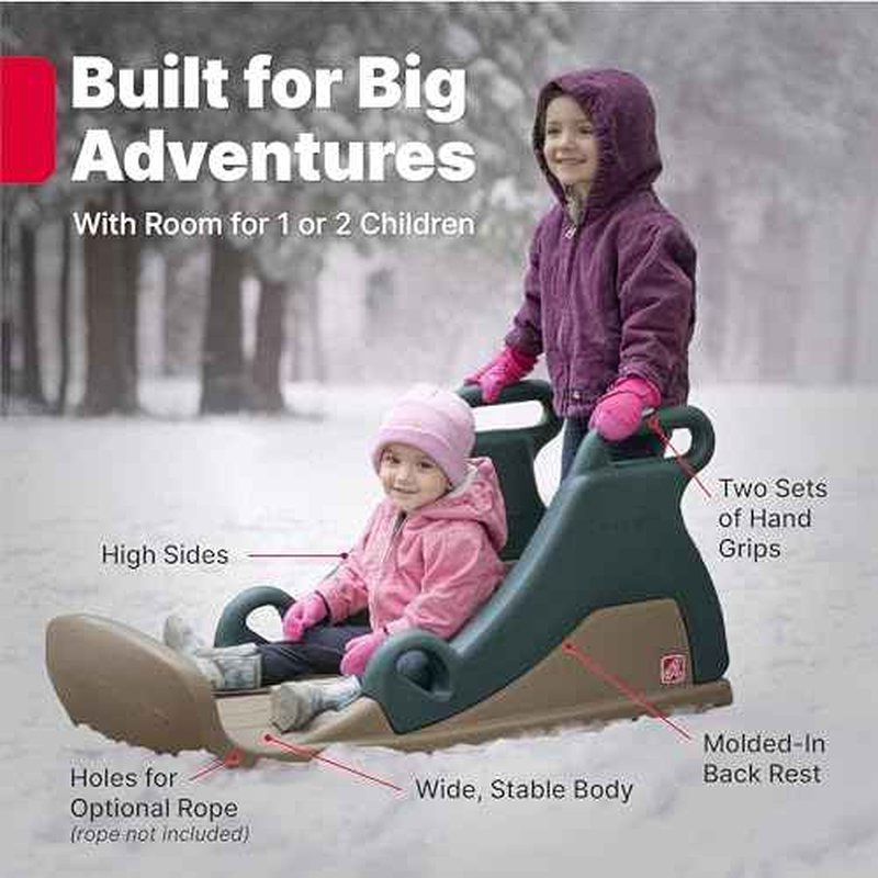 Step2 Snow Runner, Kids Ride On Toy & Outdoor Snow Sled & Toboggan, Fits 2 Riders, Made of Durable Plastic, Max Weight 120 lbs., for Toddlers 3-6 Years Old, Tan & Green