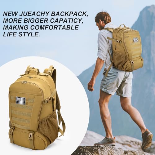 Jueachy Tactical Backpack 35L Military Bag: Waterproof Army Hiking Backpack Molle Bookbag Edc Bag Tan