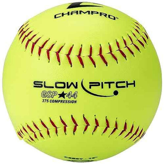 Champro Game ASA Slow Ptich .44 COR, 375 Compression, Poly Synthetic Cover, Red Stiches (Optic Yellow, 12-Inch), Pack of 12