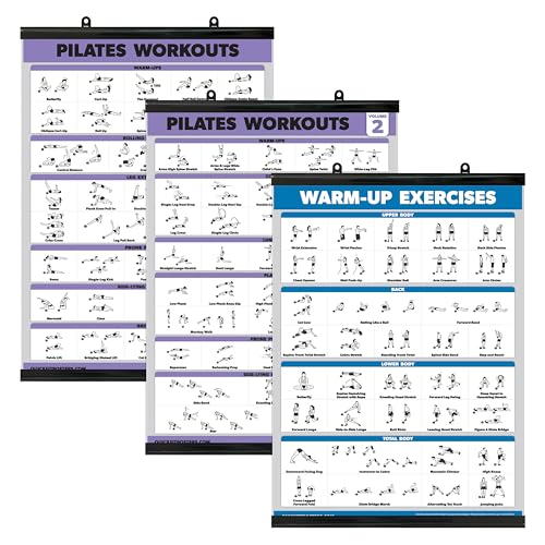 3 Pack - Pilates Workout Poster Set Volume 1 & 2 + Warm Up Routine - Pilates Mat Work Exercises - Fitness Charts (18 x 24, LAMINATED WITH PLASTIC FRAME)