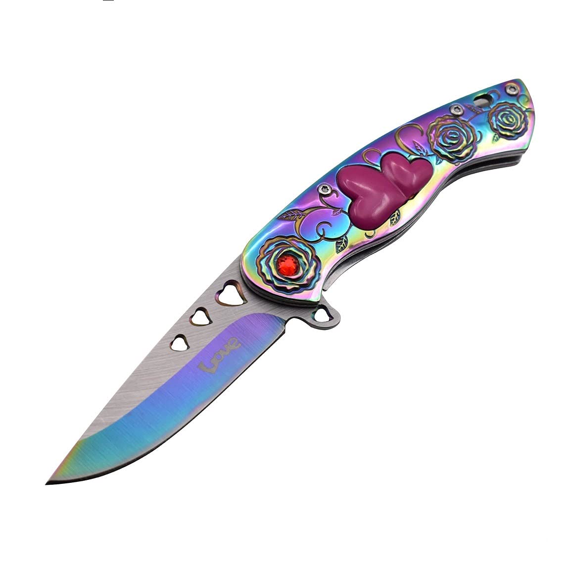 Snake Eye Tactical 7" Cupid Heart Ladies Valentines day Pocket Knife with LOVE Pocket Clip Included (Rainbow)