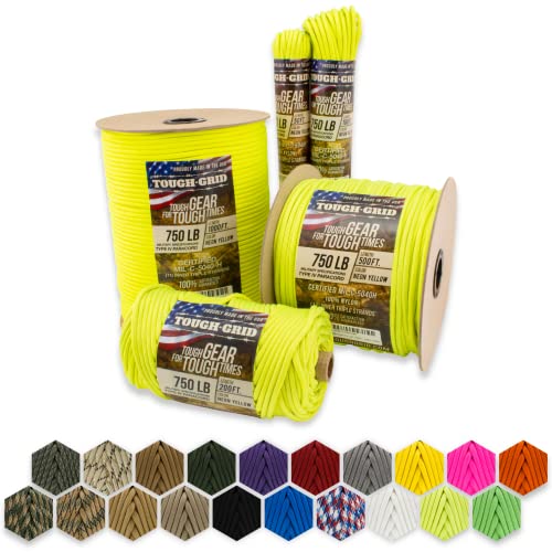 TOUGH-GRID 750lb Paracord/Parachute Cord - 100% Nylon Mil-Spec Type IV Paracord Used by The US Military, Great for Bracelets and Lanyards, 50Ft. - Neon Yellow