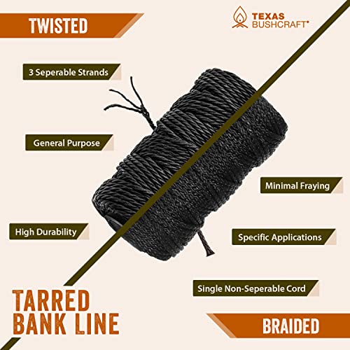 Texas Bushcraft Tarred Bank Line Twine - #36 Black Nylon String for Fishing, Camping and Outdoor Survival – Strong, Weather Resistant Bankline Cordage for Trotline (1/4 lb - #36 (131 ft), Braided)