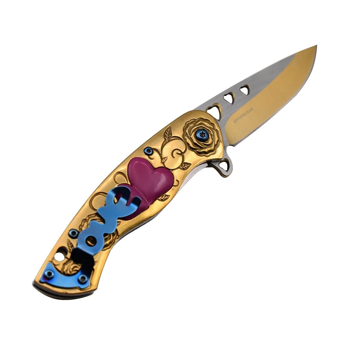 Snake Eye Tactical 7" Cupid Heart Ladies Valentines day Pocket Knife with LOVE Pocket Clip Included (Gold)