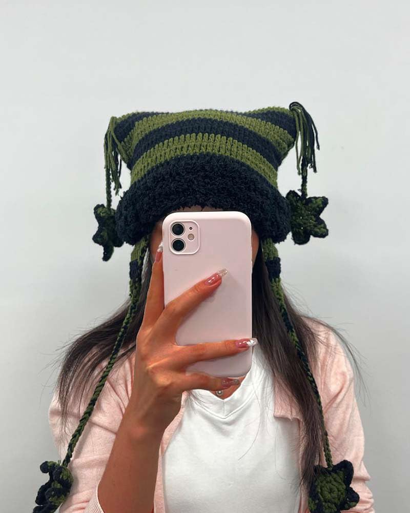 Crochet Hats for Women Y2k Beanies Women's Knitted Cat Ear Hat Crochet Hat for Women Y2k Accessories Black Green with Pendant