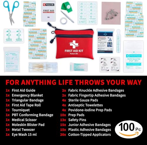 Protect Life First Aid Kit for Home/Business, HSA/FSA Eligible Emergency Kit | Mini Travel First Aid Kit | Camping First Aid Kit Hiking | Small First Aid Kit for Car | Survival Medical Kit - 100pcs