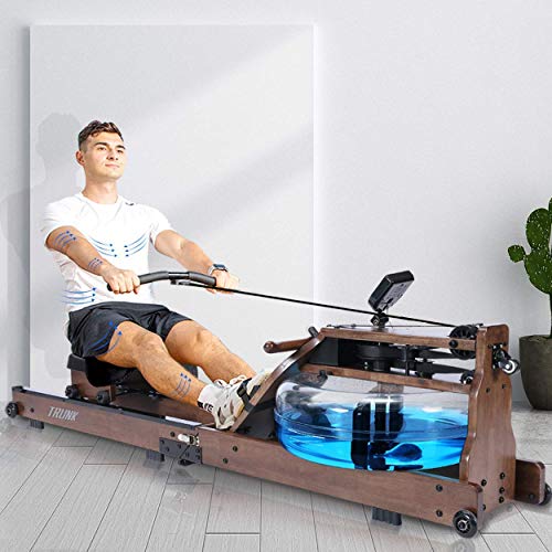 TRUNK Foldable Water Rowing Machine for Home Fitness, Classic Wood Rower Machine with Bluetooth Monitor Whole Body Exercise Cardio Training (Included an Dust Cover and Phone Holder)