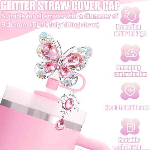 5pcs Pink Stanley Cup Accessories Set, Including Butterfly Straw Topper, Sparkly Silicone Boot, Stoppers Spill Proof, Shiny Charm Fits Stanley 40&30 Oz Tumbler with Handle