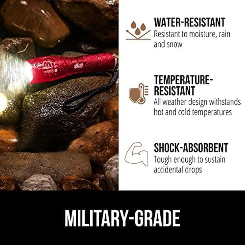 Gorilla Grip LED Tactical Flashlight - Water Resistant, Ultra Bright | 2 Pack in Red & Hunter Green, 750 FT Range