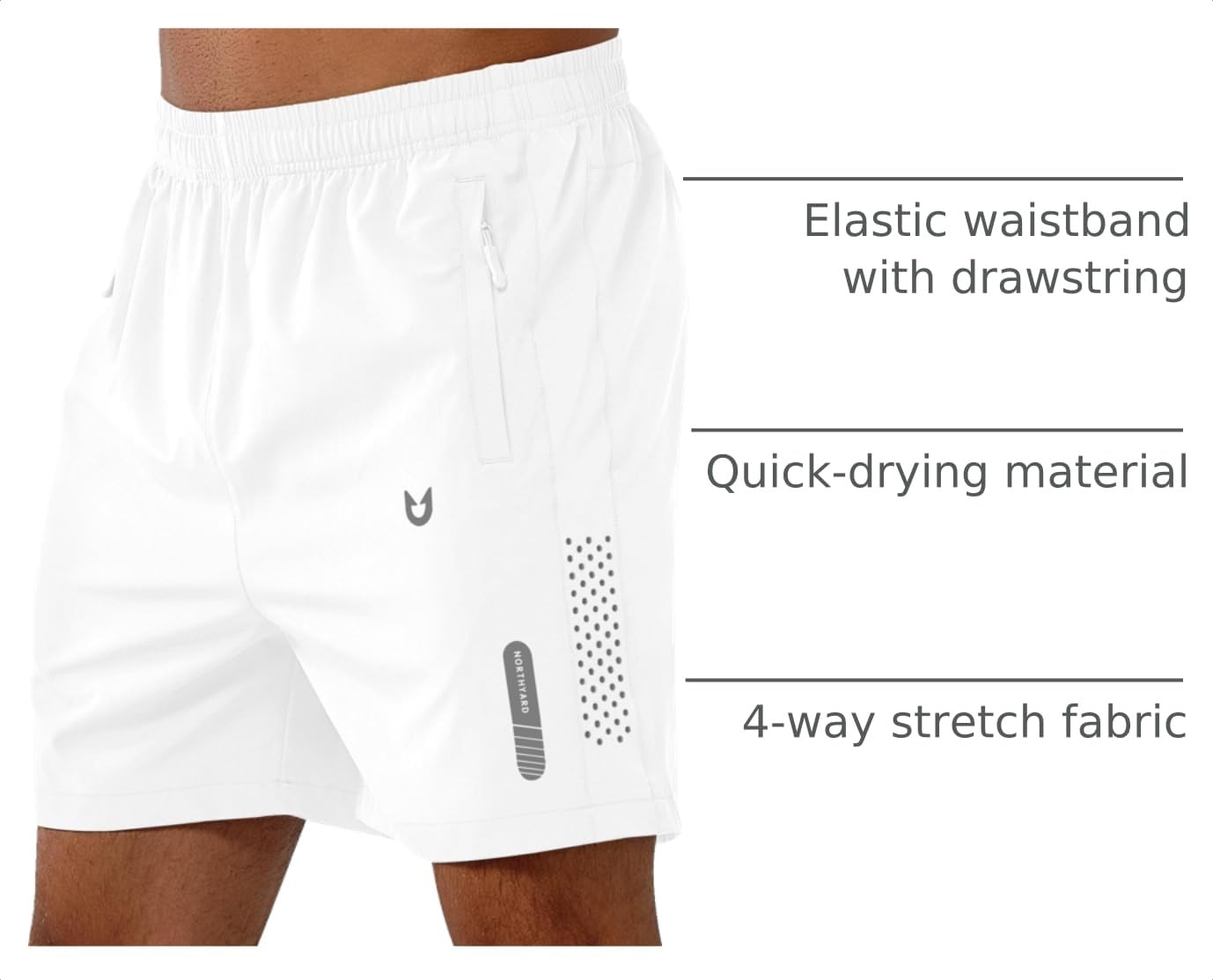 NORTHYARD Men's Athletic Running Shorts Gym Workout 7"/9"/5" Quick Dry Lightweight Sports Basketball Tennis 3 Zipper Pockets White S