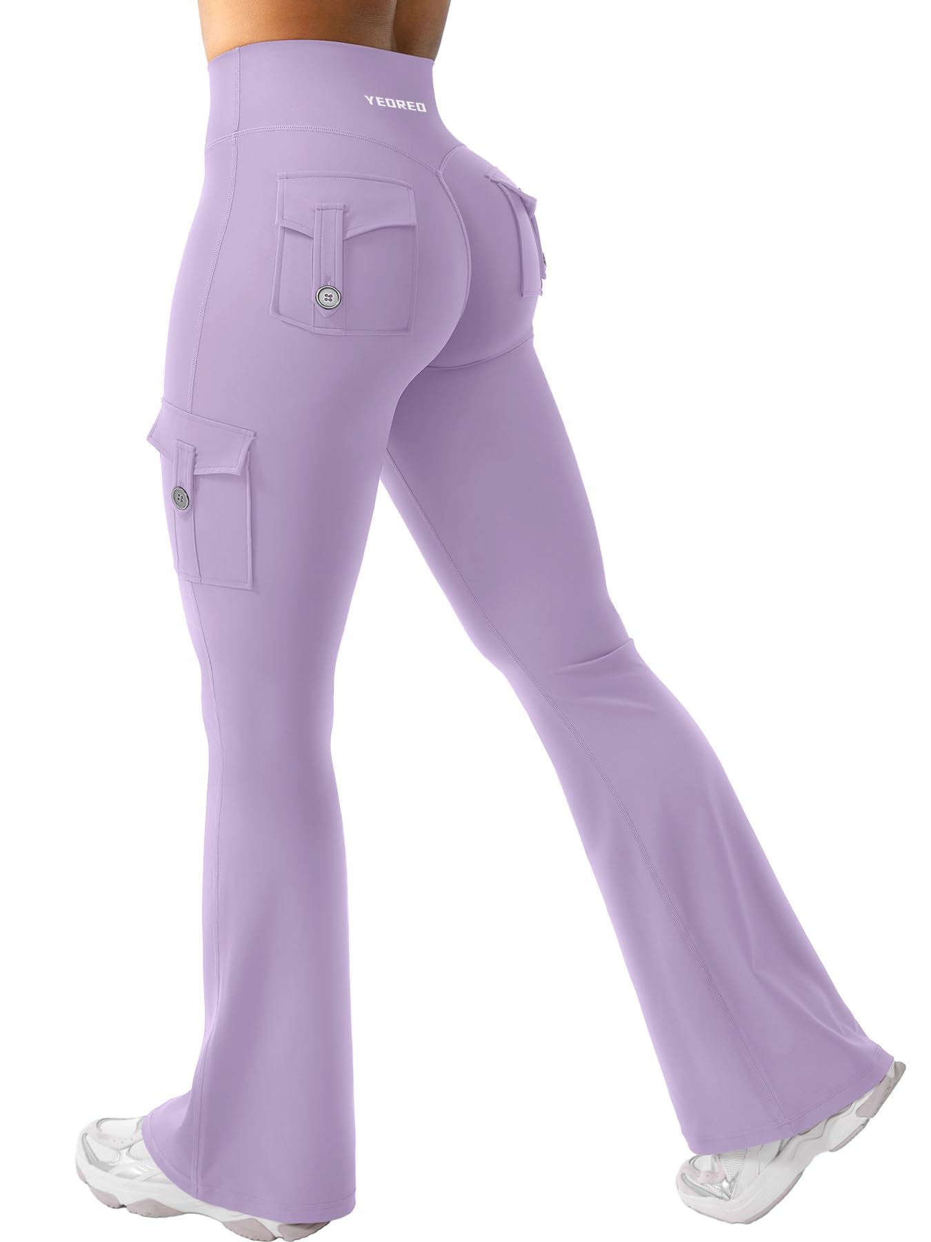 YEOREO CoreFlex Women Workout Flare Leggings with Pockets Hidden Scrunch High Waisted Cargo Gym Yoga Leggings Fog Purple XXL