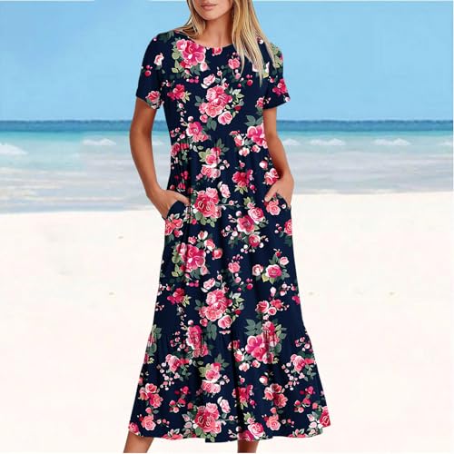 90 percent off clearance of sale Summer Dresses for Women 2024 Pleated Floral Dress Short Sleeve Tshirt Dress Casual Boho Vacation Maxi Dresses #11 Black Large