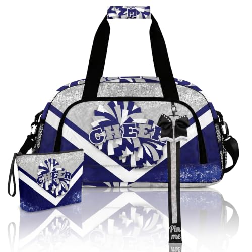 YYTBOD Cheerleader Duffel Bag Set with Makeup Bag & Bow Keychain - Silver & Navy