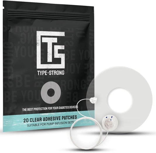 Type Strong Universal Adhesive Patches for CGM & Insulin Pumps with 25mm Hole for Sensitive Skin. Sweat-Proof & Waterproof Pre-Cut Adhesive Tape in Durable and Breathable Material, 20 Pack.