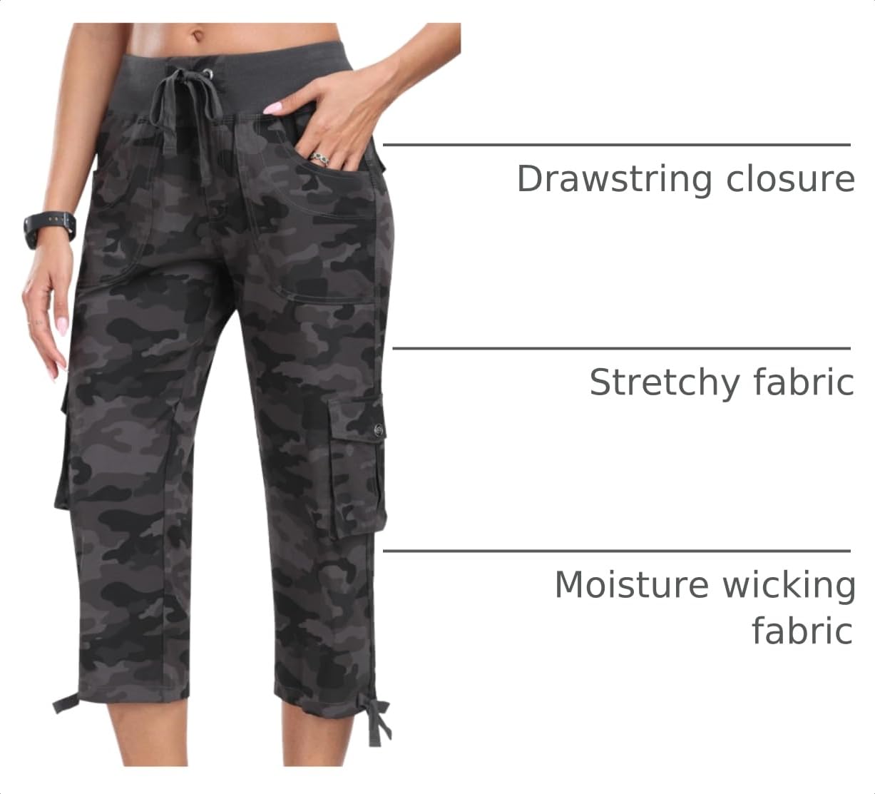 MoFiz Womens Capris with Pockets Loose Fit Casual Capri Pants Dressy Lightweight Ladies Baggy Cargo Pants for Hiking Camo Gray 4XL
