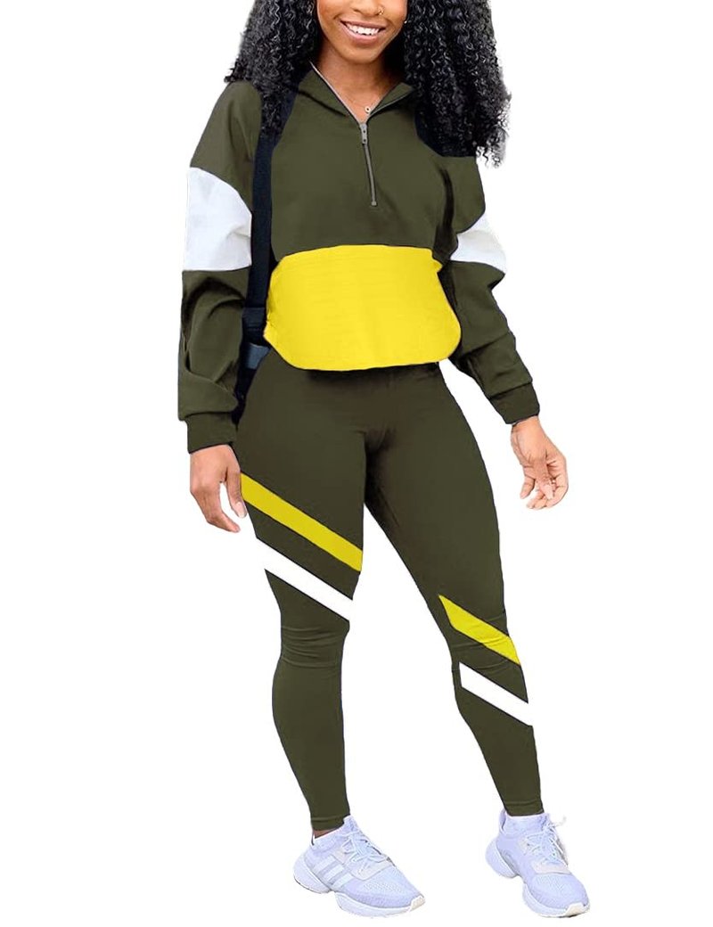 EOSIEDUR Workout Sets Two Piece Outfits for Women Long Sleeve Crop High Waist Sport Leggings Sweatsuits Tracksuits Army Green Small