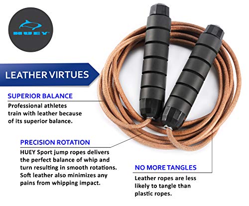 HUEY Sport Weighted 1lb Leather Jump Rope Adjustable Skipping Rope for Speed Quiet Training Boxing MMA Cardio Crossfit Fitness Workout Indoor and Outside Exercise for Beginner Kids Men and Women