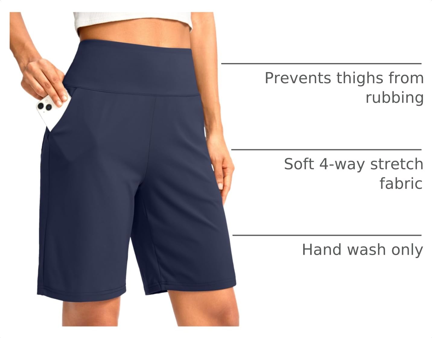 G Gradual Women's Bermuda Long Shorts with Pockets 9" High Waisted Knee Length Shorts for Women Walking Athletic Workout(Navy,S)
