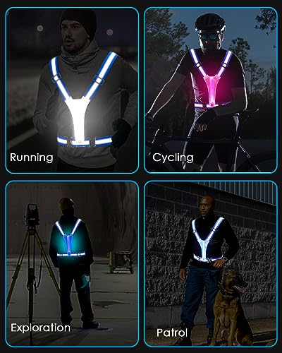 Zacro LED Reflective Vest Running Gear, 5 Lights Colors High Visibility Reflective Running Gear Rechargeable Light Up Running Vest for Walking Running Cycling, Adjustable for Men Women Kids (Blue)