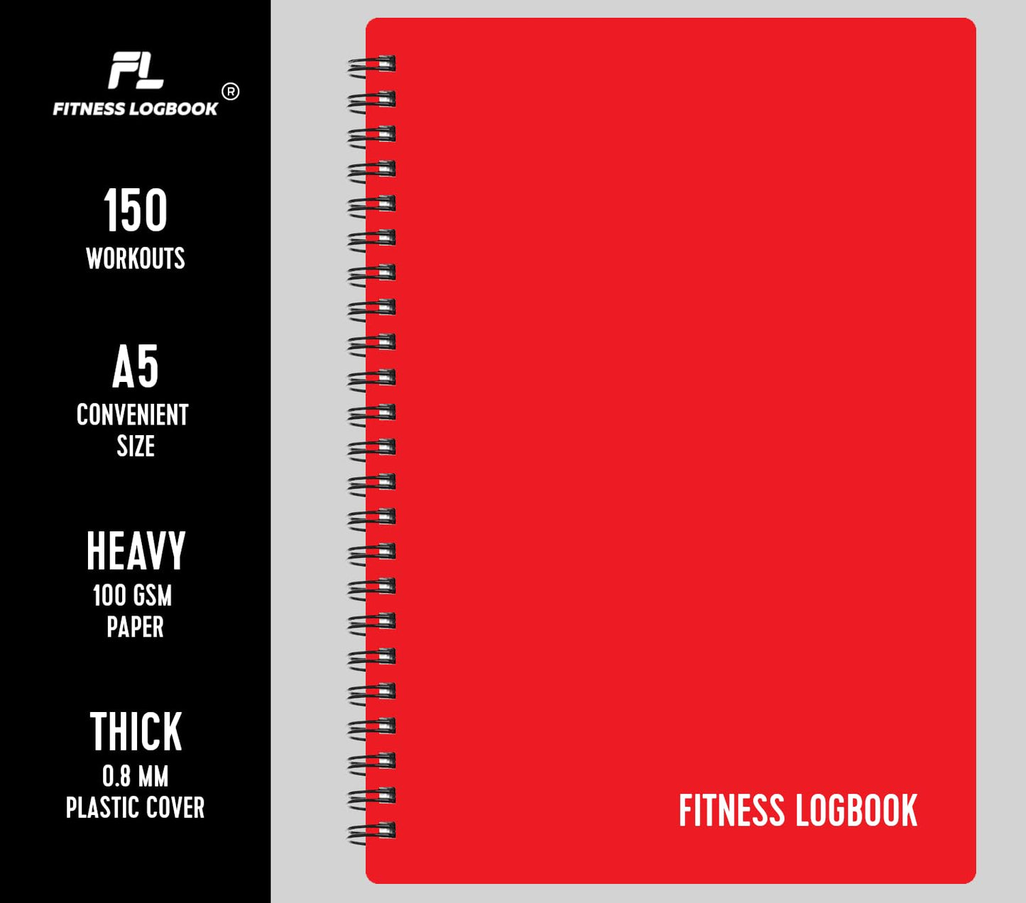 Fitness Logbook (Red) - A5 Undated Workout Journal For Men & Women - Plastic Cover & Thick Paper - Planner Log Book To Track Weight Loss, Muscle Gain, Gym Exercise, Bodybuilding Progress