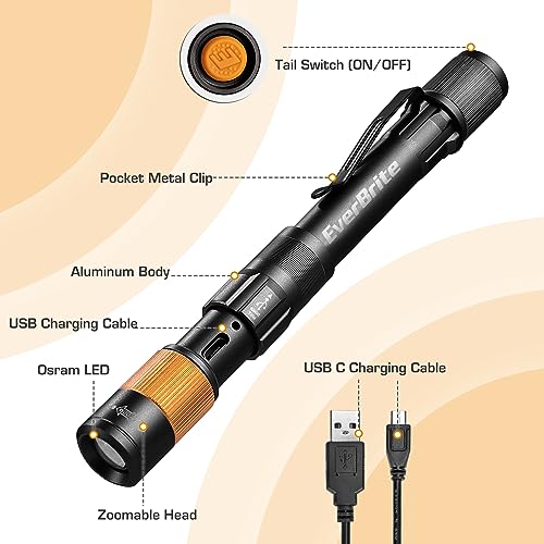 EverBrite Rechargeable Pen Light, 300 Lumens EDC Flashlight, Zoomable LED Pocket Flashlight with Clip, Memory Function and USB C Cable Included, for Camping, Emergency, Black