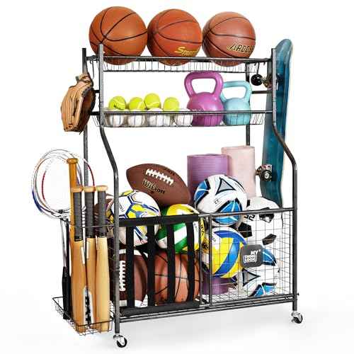 Mythinglogic Garage Sports Equipment Organizer, Baseball Storage Large Capacity, Sports Organizer for Garage with Hooks and Baskets, Ball Storage Rack for Football, Soccer Ball, Bat, Toys