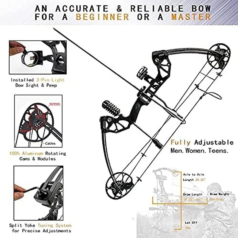 Compound Bow 0-70 Lbs Adjustable Draw Weight | Beginner & Intermediate Archers, 19.25"-31", IBO 320 fps, Complete Hunting Kit