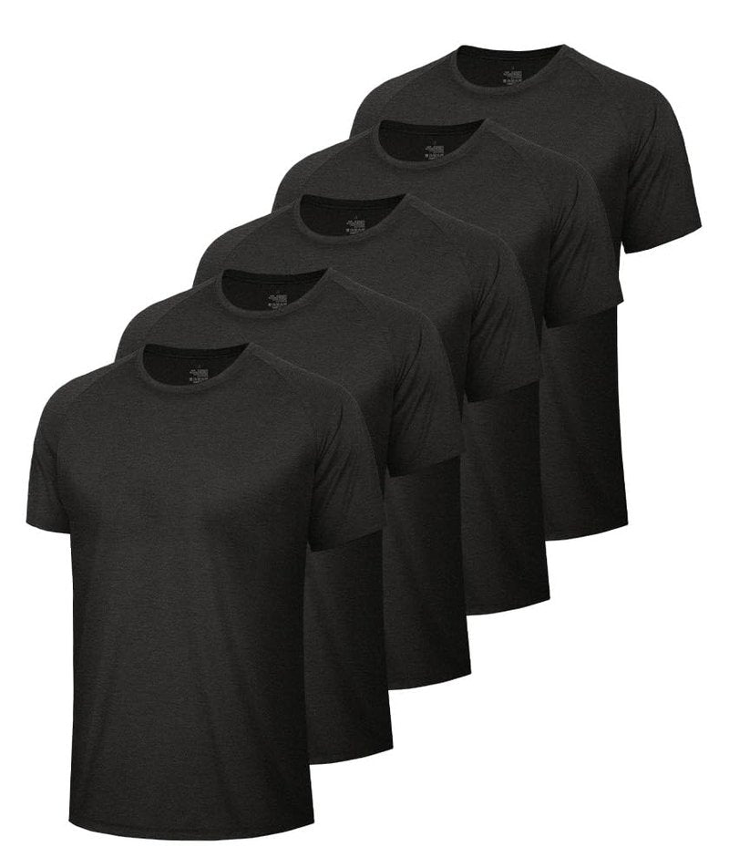 BOOJO 5 Pack Workout Shirts for Men-Quick Dry Black Gym Moisture Wicking Short Sleeve T-Shirts for Running Athletic Casual