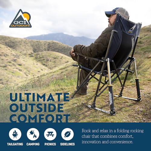 GCI Outdoor RoadTrip Rocker Camping Chair | Portable, Folding Rocking Chair with Solid, Durable Armrests, Drink Holder & Comfortable Extended Backrest — Midnight