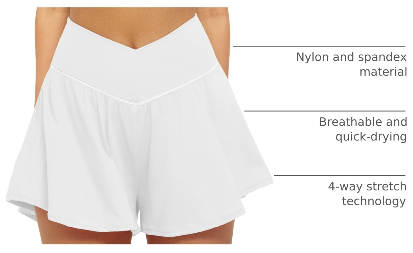 FireSwan Crossover Athletic Shorts for Women 2 in 1 Flowy Running Shorts with Pockets Spandex Butterfly Workout Tennis Skorts White