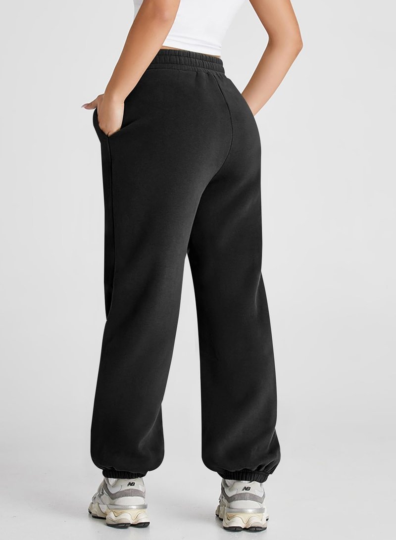 Herseas Women's Black V Crossover Elastic High Waist Sweatpants Y2K Jogger Pants Comfy Fleeced Cozy Long Pants X-Large