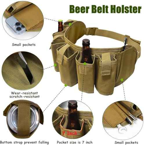 Beer Belt, Adjustable 6 Pack Beer Belt Bottle Holders, Portable Beer Soda Drink Can Holder Waist Pack Bag with Zipper Pocket Pen Slot, Perfect for Party, Picnic, Camping, BBQ, Outdoor Hiking£¨Brown£©