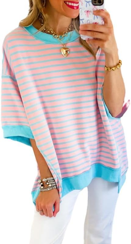 Casual Women's Short Sleeve Striped Sweatshirt | Comfortable Pullover T-Shirt Blouse