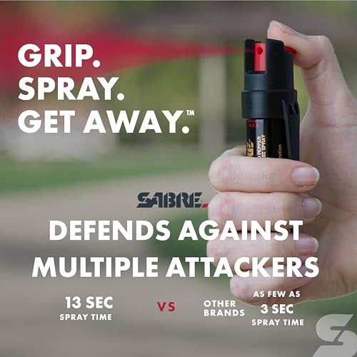 SABRE RED Compact Pepper Spray for Self Defense, Max Police Strength OC Spray, UV Dye, Easy Carry Fast Access Belt Clip, Protect Against Multiple Threats Secure Easy to Use Safety, 0.67 fl oz, 2 Pack