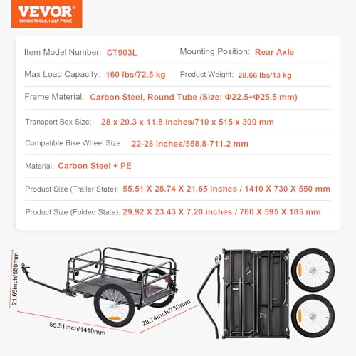 VEVOR Bike Cargo Trailer, 160 lbs Load Capacity, Heavy-Duty Bicycle Wagon Cart, Foldable Compact Storage & Quick Release with Universal Hitch, 16" Wheels, Safe Reflectors, Fits 22"-28" Bike Wheels