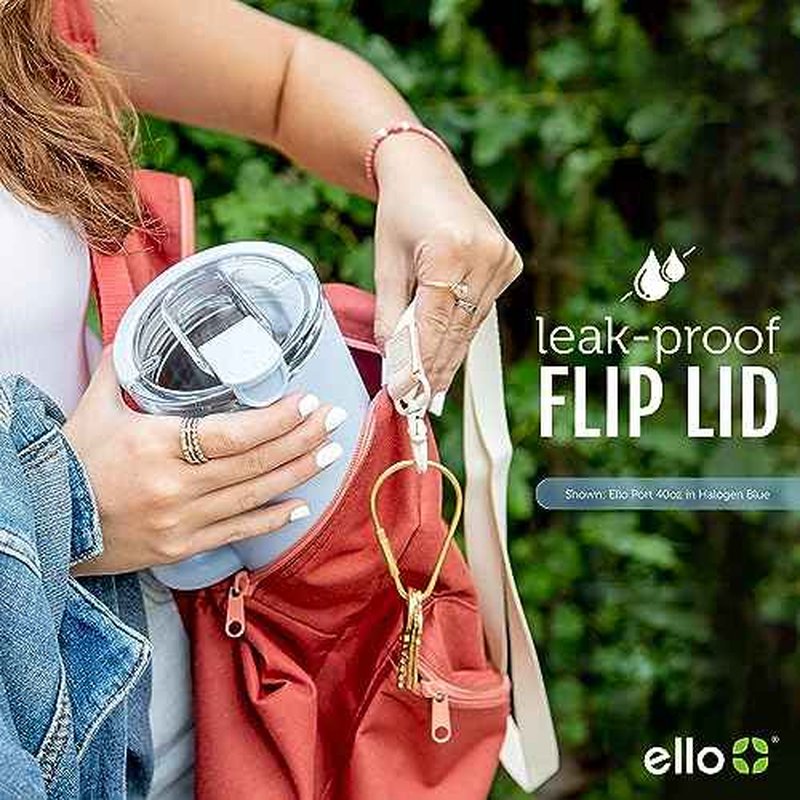 Ello Port 40oz Tumbler with Carry Loop & Integrated Handle, Vacuum Insulated Stainless Steel Reusable Water Bottle, Travel Mug with Leak Proof Lid & Straw, Perfect for Iced Coffee & Tea, Matcha