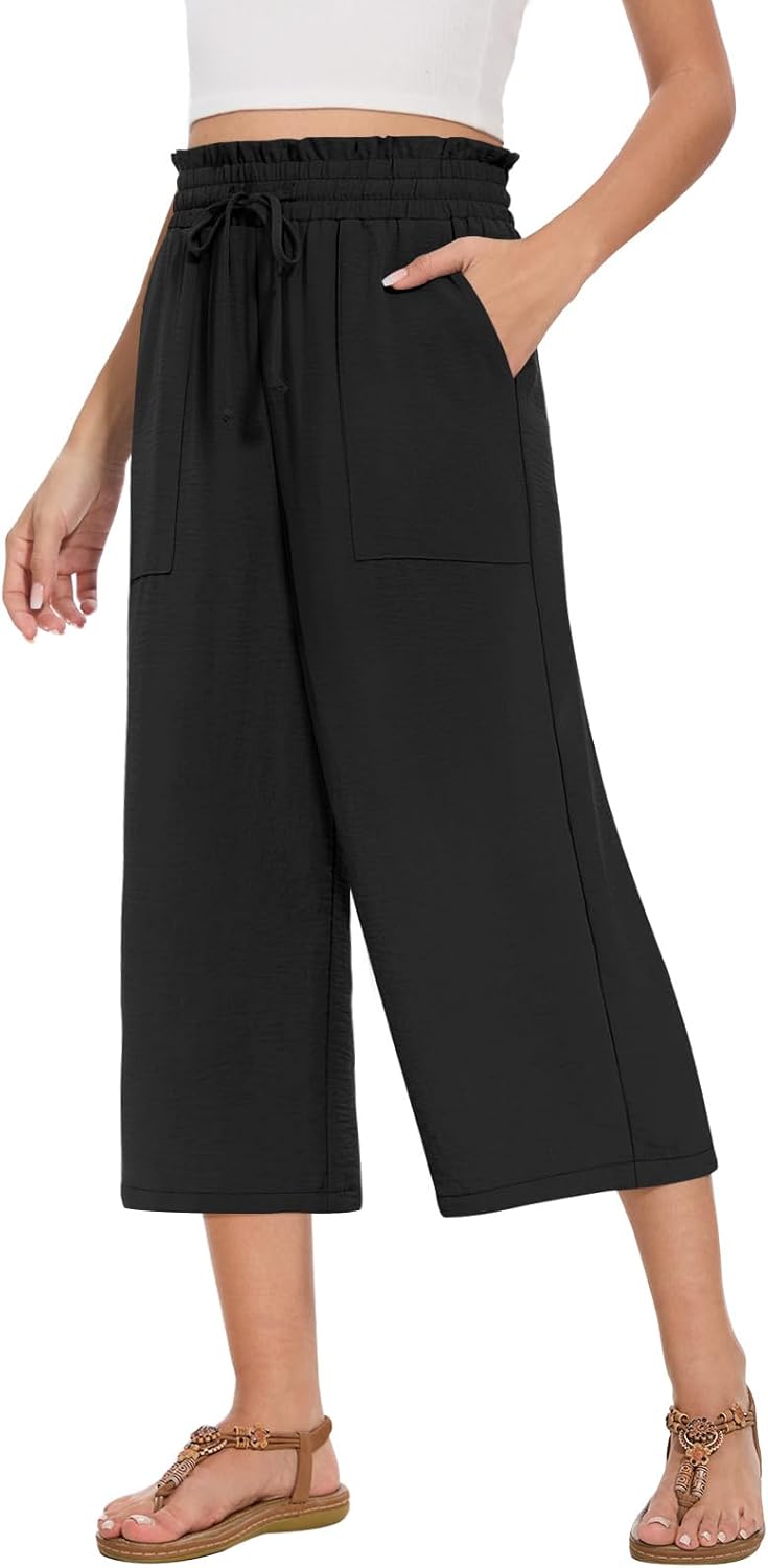 Women's High-Waisted Wide Leg Capri Pants - Casual Drawstring Trousers with Pockets | Summer Style