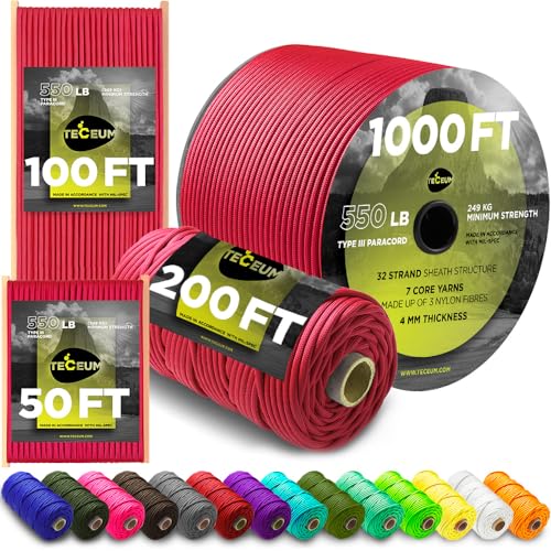 TECEUM Paracord Type III 550 Crimson – 50 ft – 4mm – Tactical Rope MIL-SPEC – Outdoor Para Cord –Camping Hiking Fishing Gear and Equipment – EDC Parachute Cord – Strong Survival Rope 324