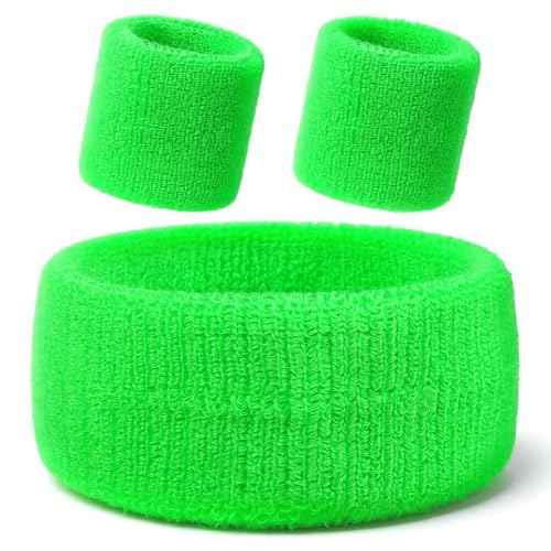 Neon Headband, 3 Pcs Elastic Sweatbands Cotton Arm Sweat Bands Wristband Soccer Headband Green Accessories 80s Accessories for Men Women Kids Workout Party Gym Running Sports Tennis (Green)