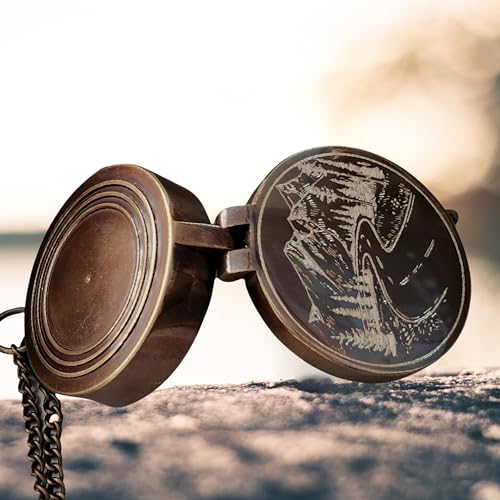 SFdizayn Mountains and Road Engraved Working Handmade Antiqued Brass Compass Gift for Men with ''for Your Adventures'' Stamped Leather Case