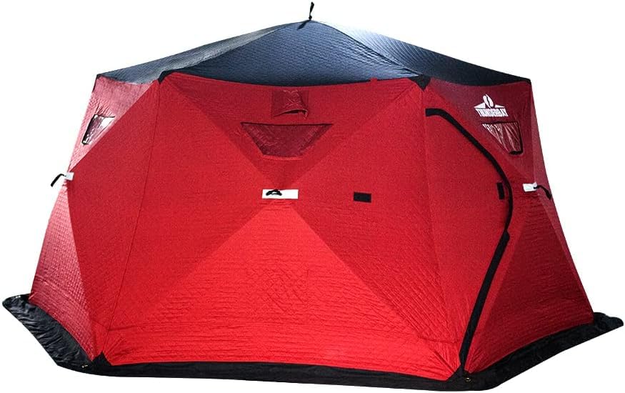 THUNDERBAY Ice Cube Series Hex-Hub 8 Man Portable Thermal Ice Shelter, 112 Square Feet of Fishable Area, Portable 8 Person Wide Bottom Insulated Ice Shelter with 4 Ice Fishing Chairs