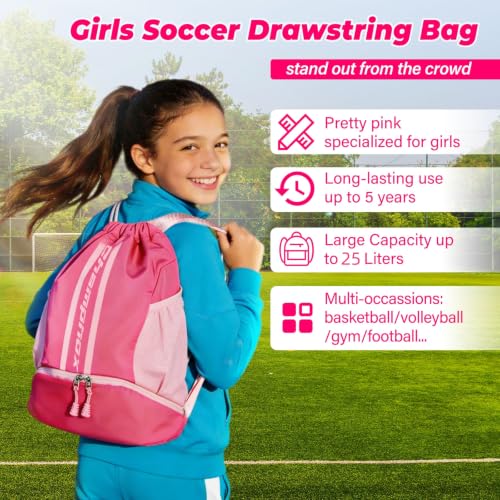 Pink & White Youth Soccer & Basketball Drawstring Backpack - Sports Bag for Girls