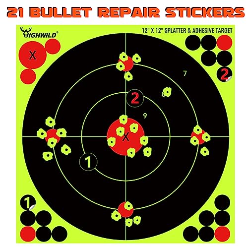 Highwild 12X12 Inch Splatter Adhesive Bullseye Fluorescent Yellow Shooting Target Stickers - Suitable for Handguns, Rifles, BB Guns, Airsoft, Pellet Guns - 10 Pack