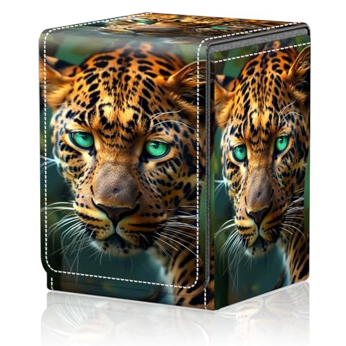 AIRWEE Card Deck Box for MTG Trading Cards, Magic Card Box Can Hold 110+ Single Sleeved Cards, Waterproof PU Leather Material, Strong Magnetic Buckle Card Set Box Suitable for TCG CCG, Jungle Leopard