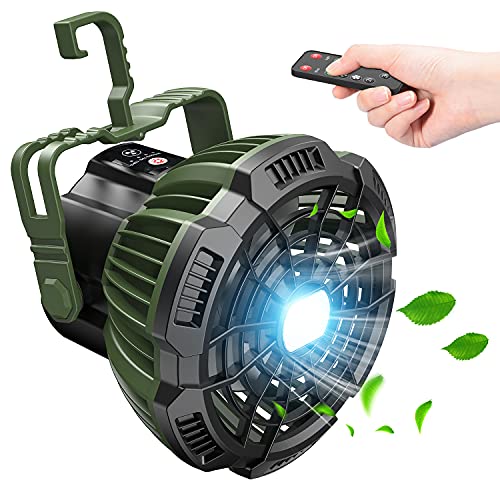 Camping Fan with LED Lantern, 7800mAh Rechargeable Portable Tent Fan with Remote Control, Power Bank, 180°Head Rotation, Perfect Quiet Battery Operated USB Fan for Picnic, Barbecue, Fishing (Green)