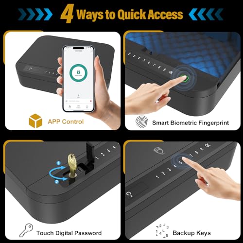 OneTigris Gun Safe, 0.1S APP Biometric Gun Safe with 4 Ways Quick Access, APP/Fingerprint/Numeric Code/Keyhole, Handgun Safe for Nightstand, Home, Bedside, and Car