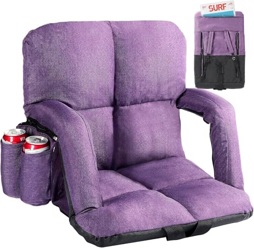 Wide Stadium Seats with Back Support, Bleacher Chairs with Comfy Cushion, 6 Reclining Positions, Portable Stadium Chair Bleacher Seat with Armrests for Outdoor Sport Events, Camping, Beaches (Purple)