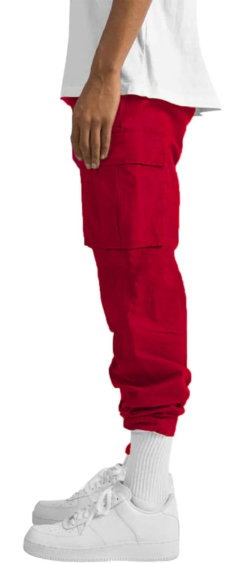 Mens Casual Joggers Pants Hiking Drawstring Chino Cargo Pants Lightweight Outdoor Twill Track Jogging Sweatpants Cotton Loose Straight Leg Pants (Red 32)